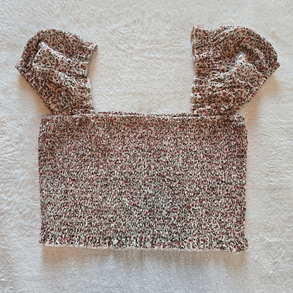 OVianca M Pink/Brwn Smocked Y2K Crop Top Puffy Sleeve 🌸Peasant Prairie❤️ Flirty
